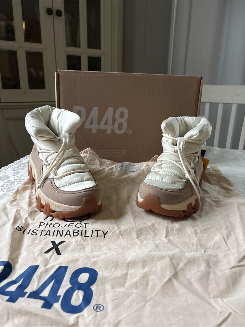 P448 Women Sneaker Boot  in Cream and Tan with Rubber Sole NWT Retail 398.